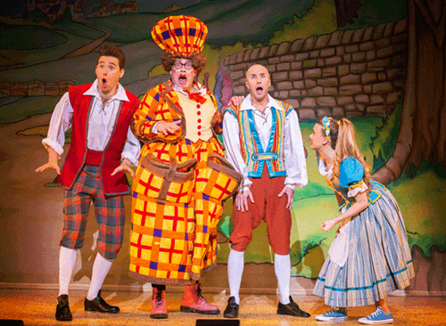 Alex Lodge as Jack, Bob Golding as Dame Trott, Ben Thornton as Billy, Cara Dudgeon as Jess – photo by Pamela Raith