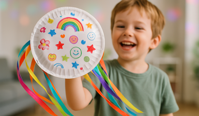 Happy child holding colourful paper-plate-rainbow craft with ribbons